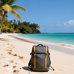 Caribbean Holidays, Jamaica Backpacking, Jamaican backpacker relaxing on a sunny beach near Negril, turquoise water, palm trees and a simple travel pack