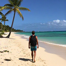 Caribbean Holidays, Jamaica Backpacking July, Backpacker walking along a sunny Jamaican beach near Negril with a rucksack, palm trees and turquoise sea