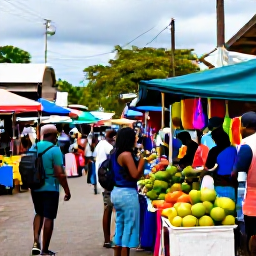 Caribbean Holidays, Jamaica Backpacking July, Colourful Jamaican market street in Kingston with local fruit stalls, musicians and backpackers exploring