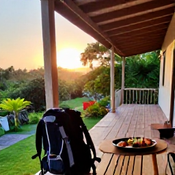 Caribbean Holidays, Jamaica Backpacking July, Simple Jamaican guesthouse veranda at sunset with a backpack, local meal and tropical garden