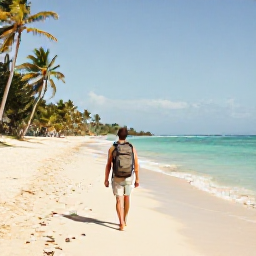 Caribbean Holidays, Jamaica Backpacking June, A backpacker with a small rucksack walking along a quiet Jamaican beach in warm June sunshine, turquoise sea and palm trees