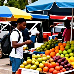 Caribbean Holidays, Jamaica Backpacking June, A colourful Jamaican street market in June with fresh fruit stalls, friendly locals and a backpacker browsing the produce