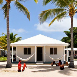Caribbean Holidays, Jamaica Backpacking June, A simple clean backpacker guesthouse near a Jamaican beach with palm trees, hammocks and travellers relaxing outside