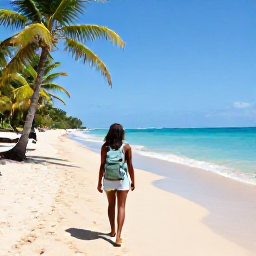 Caribbean Holidays, Jamaica Backpacking March, Backpacker walking along a sunny Jamaican beach near Negril with a small rucksack, palm trees and turquoise water