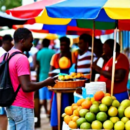 Caribbean Holidays, Jamaica Backpacking March, Colourful Jamaican street market in March with fresh fruit, local snacks and travellers browsing stalls