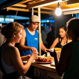 Caribbean Holidays, Jamaica Backpacking March, Relaxed traveller enjoying Jamaican jerk chicken at a lively outdoor food stall in the evening