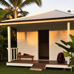 Caribbean Holidays, Jamaica Backpacking March, Small clean Jamaican guesthouse with a backpack on the veranda, tropical plants and warm evening light