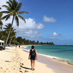 Caribbean Holidays, Jamaica Backpacking November, Backpacker walking along a sunny Jamaican beach near Negril, with palm trees, clear turquoise water and a relaxed Caribbean atmosphere