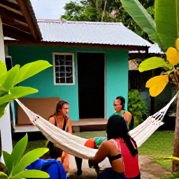 Caribbean Holidays, Jamaica Backpacking November, Small Jamaican guesthouse courtyard with hammocks, tropical plants and friendly backpackers sharing travel tips