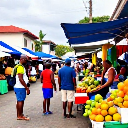 Caribbean Holidays, Jamaica Backpacking October, Colourful Jamaican market street in Kingston with local fruit stalls, street food and travellers exploring