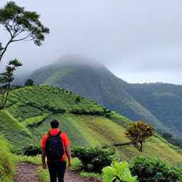 Caribbean Holidays, Jamaica Backpacking October, Hiker on a forest trail in Jamaica's Blue Mountains, overlooking misty green hills and coffee plantations
