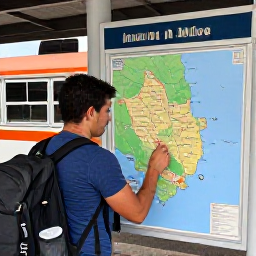 Caribbean Holidays, Jamaica Backpacking October, Independent traveller with backpack checking a simple Jamaican travel map beside a local bus station