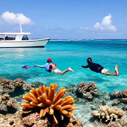 Caribbean Holidays, Jamaica Beach Holidays, A couple snorkelling in clear Caribbean water beside a Jamaican reef, with colourful fish and a small boat nearby