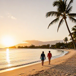 Caribbean Holidays, Jamaica Beach Holidays, A couple walking along Seven Mile Beach in Negril at sunset, with calm sea, golden light and palm trees