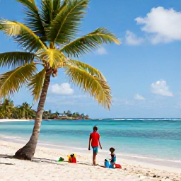 Caribbean Holidays, Jamaica Beach Holidays, A family enjoying a calm Jamaican beach near Ocho Rios, with palm trees, bright blue water and gentle waves