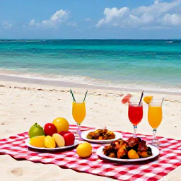 Caribbean Holidays, Jamaica Beach Holidays, A Jamaican beach picnic with tropical fruit, jerk chicken and drinks beside a calm turquoise sea