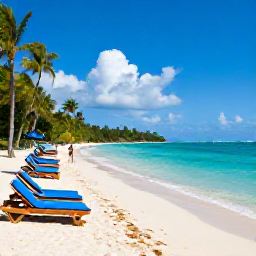 Caribbean Holidays, Jamaica Beach Holidays, A lively Jamaican resort beach in Montego Bay with clear blue sea, water sports, sun loungers and palm-fringed shore