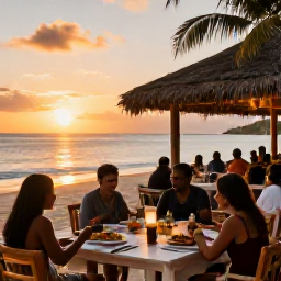 Caribbean Holidays, Jamaica Beach Holidays, A relaxed Jamaican beachfront restaurant at sunset, with diners enjoying local food and warm evening light