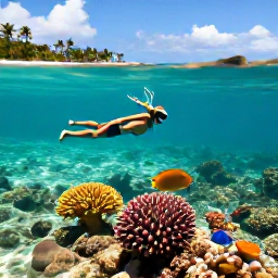 Caribbean Holidays, Jamaica Beach Holidays, Couple snorkelling in clear Jamaican waters above colourful coral and tropical fish, with a sunny coastline in the background