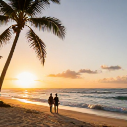 Caribbean Holidays, Jamaica Beach Holidays, Couple walking along a quiet Jamaican beach at sunset in May, gentle waves, golden light and swaying palms