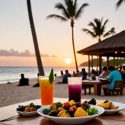 Caribbean Holidays, Jamaica Beach Holidays, Jamaican beachfront restaurant at sunset with grilled local food, colourful drinks, palm trees and relaxed diners