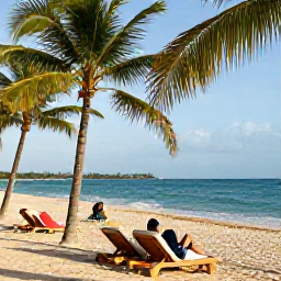 Caribbean Holidays, Jamaica Beach Holidays, Relaxed Jamaican beach resort with sun loungers, palm trees, blue Caribbean sea and travellers enjoying a warm May afternoon