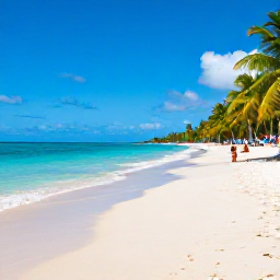 Caribbean Holidays, Jamaica Beach Holidays, Sunbathers relaxing on a wide white-sand Jamaican beach in May, turquoise sea and palm trees under a bright blue sky