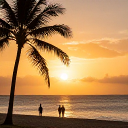 Caribbean Holidays, Jamaica Beach Holidays, Sunset over a Jamaican beach in June, golden light on the sea, palm silhouettes and a couple strolling beside the water