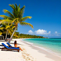 Caribbean Holidays, Jamaica Beach Holidays, Traveller relaxing on a Jamaican beach at midday, with clear shallow Caribbean water, sun loungers and swaying palms