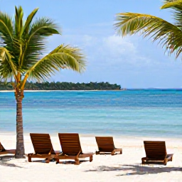 Caribbean Holidays, Jamaica Beach Holidays, Visitors relaxing on a Jamaican beach in June, calm blue water, sun loungers, shaded palms and a peaceful resort setting