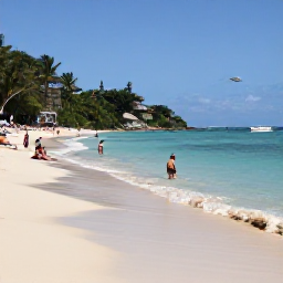 Caribbean Holidays, Jamaica Beach Holidays, Visitors swimming and relaxing on Seven Mile Beach in Negril, Jamaica, under bright July sunshine