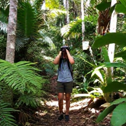 Caribbean Holidays, Jamaica Birdwatching, A birdwatching guide leading visitors along a shaded Jamaican woodland trail, with binoculars, tropical plants and sunlight filtering through the canopy