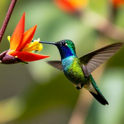Caribbean Holidays, Jamaica Birdwatching, A colourful Jamaican streamertail hummingbird feeding from tropical flowers in a sunny garden near the coast