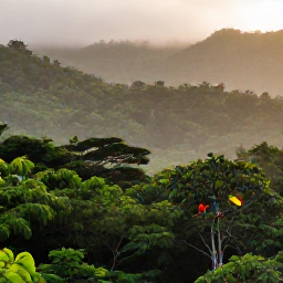 Caribbean Holidays, Jamaica Birdwatching, A Jamaican forest at dawn in July, with lush green foliage, misty mountain slopes and colourful tropical birds perched among the trees