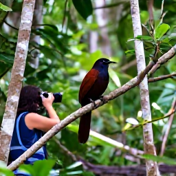 Caribbean Holidays, Jamaica Birdwatching, A Jamaican tody perched on a branch in lush Jamaican woodland, with a birdwatcher quietly observing from a forest path