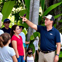 Caribbean Holidays, Jamaica Birdwatching, A knowledgeable local bird guide pointing towards a colourful bird in Jamaican woodland while visitors watch quietly