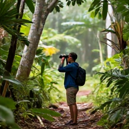 Caribbean Holidays, Jamaica Birdwatching, A lush Jamaican forest in June with a birdwatcher using binoculars on a quiet trail, tropical foliage and soft morning light