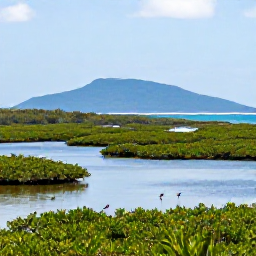 Caribbean Holidays, Jamaica Birdwatching, A peaceful Jamaican wetland and coastal landscape in July, with mangroves, shallow water, wading birds and distant blue hills
