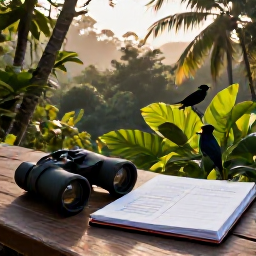 Caribbean Holidays, Jamaica Birdwatching, A relaxed birdwatching morning at a Jamaican nature reserve, with binoculars, a field notebook and tropical birds in the surrounding greenery
