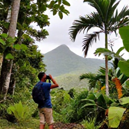 Caribbean Holidays, Jamaica Birdwatching, Birder using binoculars on a forest trail in Jamaica, surrounded by tropical trees and mountain scenery
