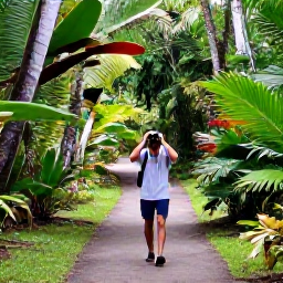 Caribbean Holidays, Jamaica Birdwatching, Birdwatcher using binoculars on a peaceful Jamaican woodland trail surrounded by tropical plants