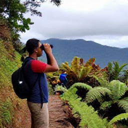 Caribbean Holidays, Jamaica Birdwatching, Birdwatchers exploring a forest trail in the Blue Mountains near Kingston, Jamaica, with binoculars, ferns and mountain scenery
