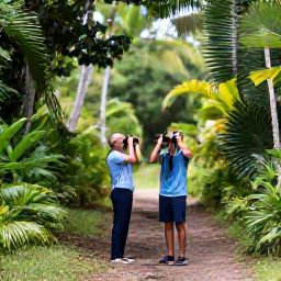 Caribbean Holidays, Jamaica Birdwatching, Birdwatchers using binoculars on a peaceful Jamaican forest trail surrounded by tropical vegetation