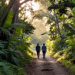 Caribbean Holidays, Jamaica Birdwatching, Birdwatchers walking quietly along a forest trail in the Blue Mountains of Jamaica at sunrise
