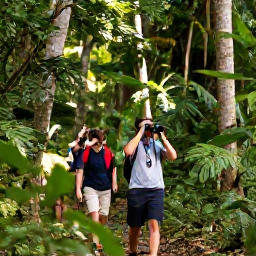 Caribbean Holidays, Jamaica Birdwatching, Birdwatchers walking quietly through Jamaican rainforest with binoculars, tall trees and filtered sunlight