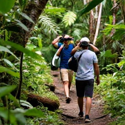 Caribbean Holidays, Jamaica Birdwatching, Birdwatchers with binoculars walking along a shaded trail through the Blue Mountains of Jamaica