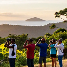 Caribbean Holidays, Jamaica Birdwatching, Birdwatching group exploring the Blue Mountains of Jamaica at sunrise, with binoculars, forest vegetation and distant island views