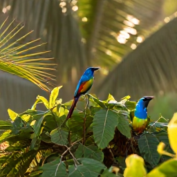 Caribbean Holidays, Jamaica Birdwatching, Colourful Jamaican birds perched in lush tropical foliage at dawn, with soft December sunlight