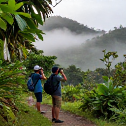 Caribbean Holidays, Jamaica Birdwatching, Early morning birdwatchers beside a forest trail in Jamaica, with misty hills, tropical foliage and binoculars