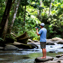 Caribbean Holidays, Jamaica Birdwatching Holidays, Jamaican birdwatcher observing endemic birds beside a forest stream in lush tropical countryside